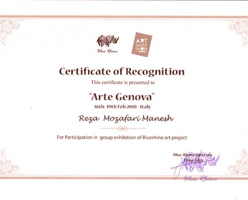 Certificate of Recognition Arte Genova (Reza Mozafarimanesh)